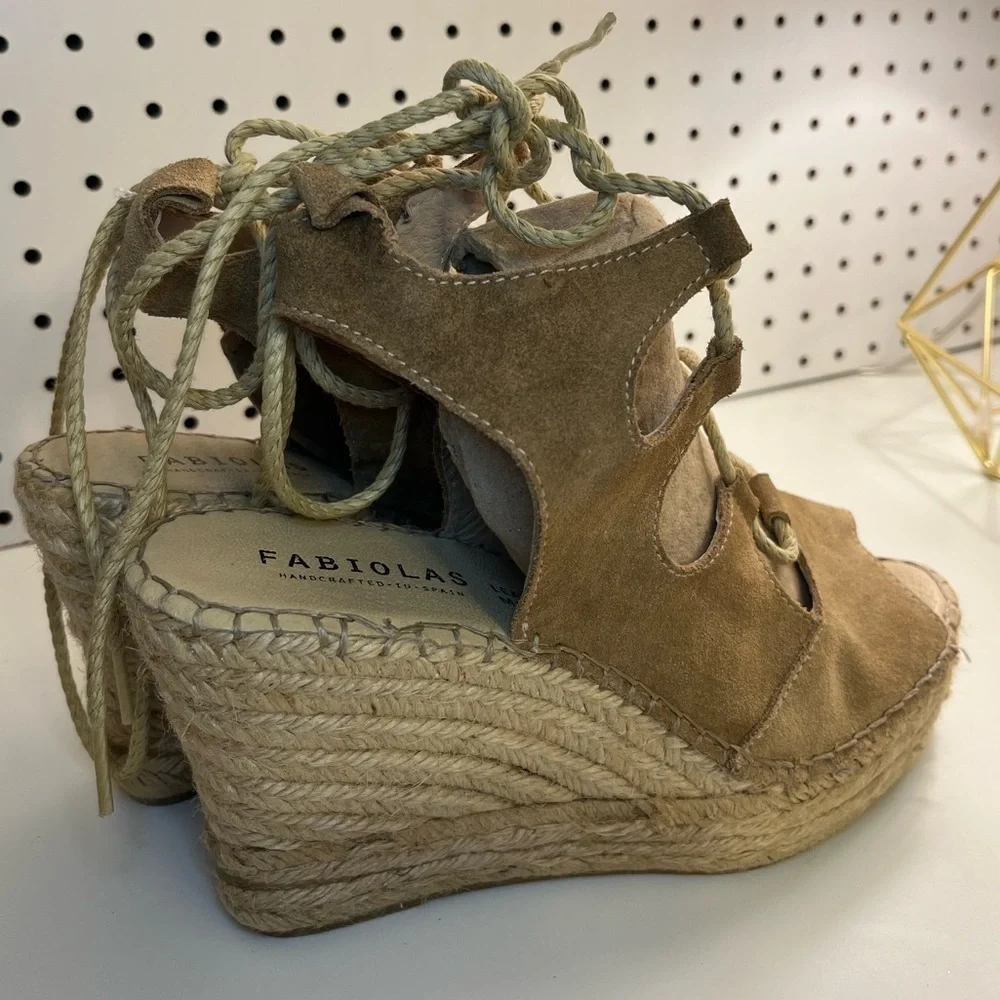 Fabiolas Tan Lace Up Cut Out Wedge Leather Espadrille Sandals